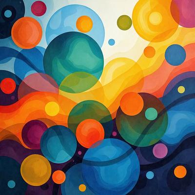 The primary subject of the image is a colorful, abstract painting featuring a variety of shapes and colors. The setting is a wall, and the visual style is a combination of digital art and illustration. The dominant colors in the painting are blue, orange, and green, creating a vibrant and lively atmosphere.
